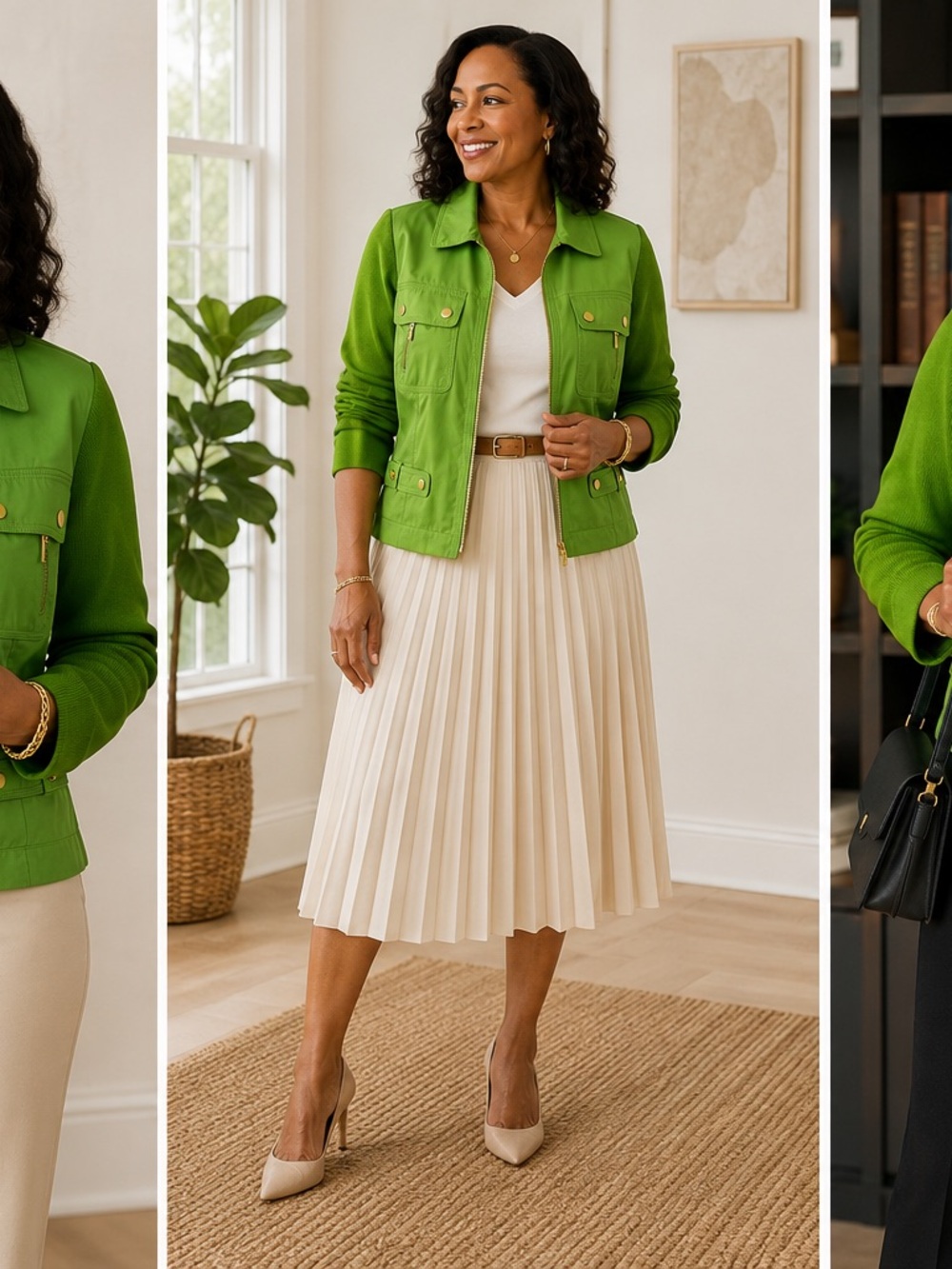 Peter Nygard Women’s Green Mixed Media Gold Stud/Zip Pockets Blazer Jacket Sm